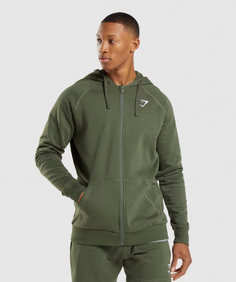 Men\'s Gymshark Crest Zip Up Hoodie Olive | NZ 1PNEMH